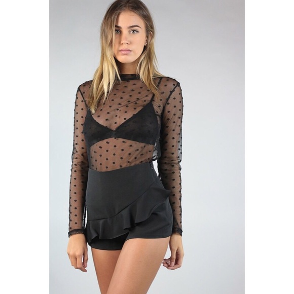 Black Sheer Polka Dot Long Sleeve Top - Picture 2 of 5